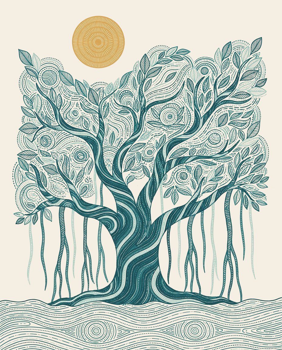 A banyan tree filled with line patterns above patterned water, in the Gond style