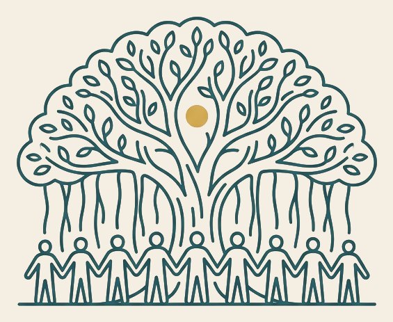A banyan tree whose hanging roots are a row of people holding hands, drawn in deep teal line