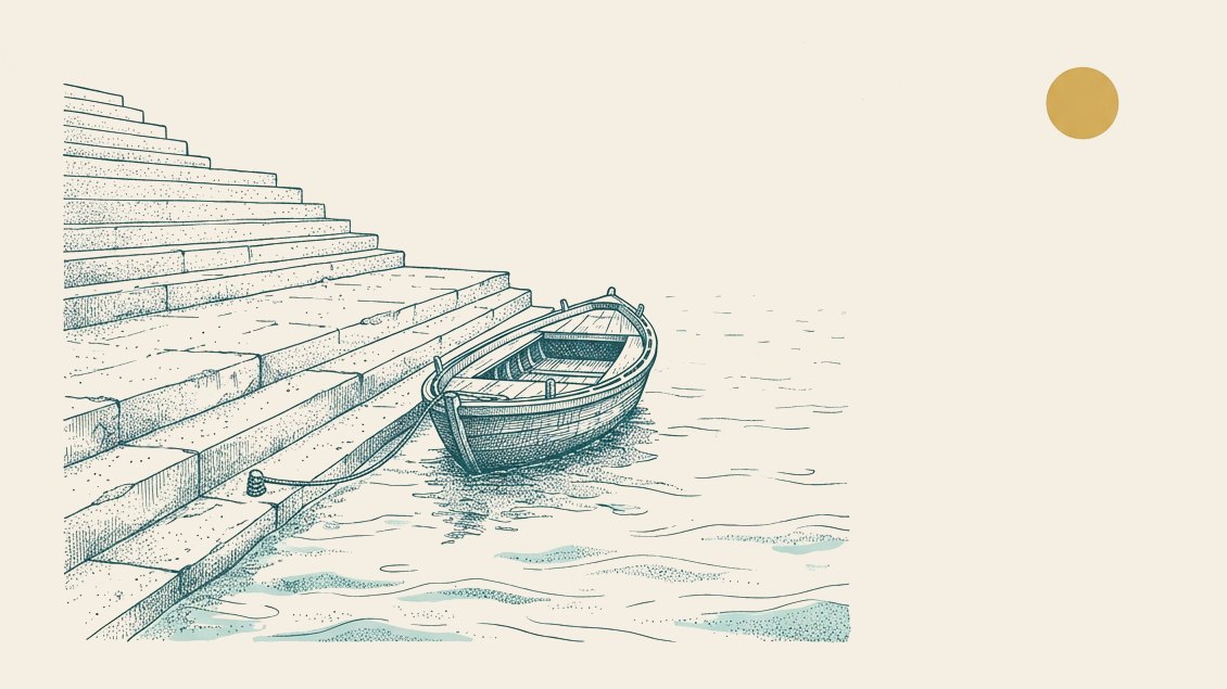 Ink drawing of stone ghat steps descending into water with a moored boat, and a gold sun