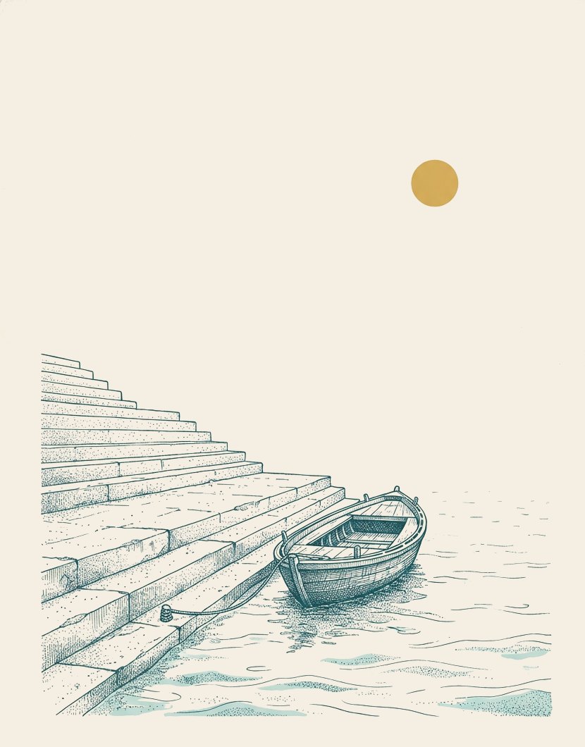 Ink drawing of stone ghat steps descending into water, with a moored wooden boat