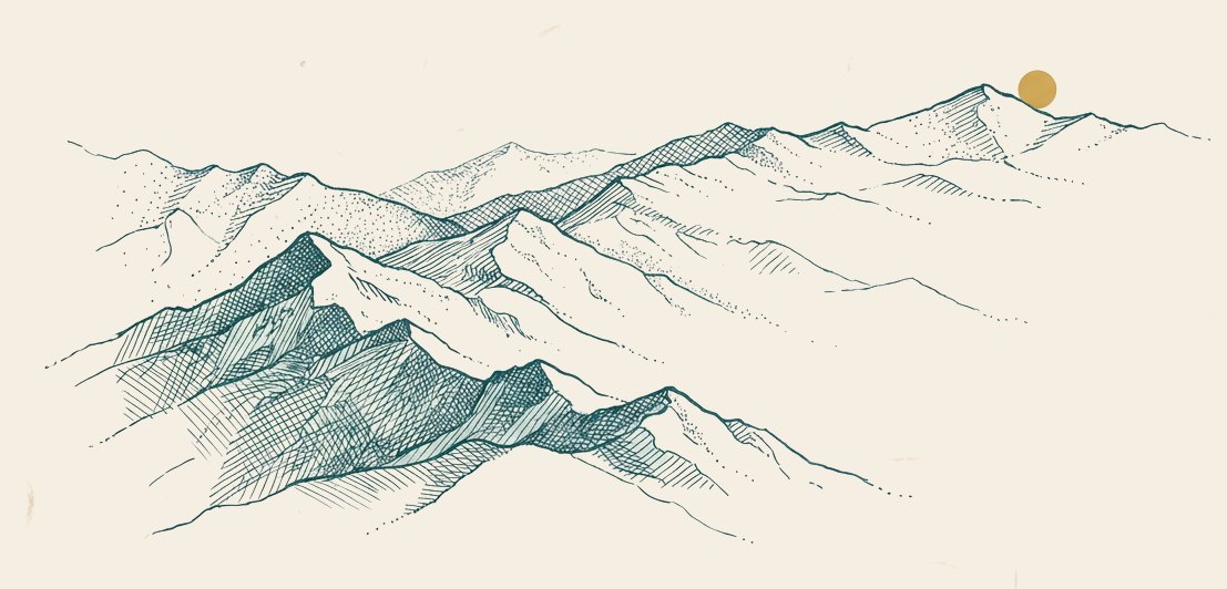 Ink drawing of Himalayan ridges fading into blank paper, with a small gold sun on the farthest ridge