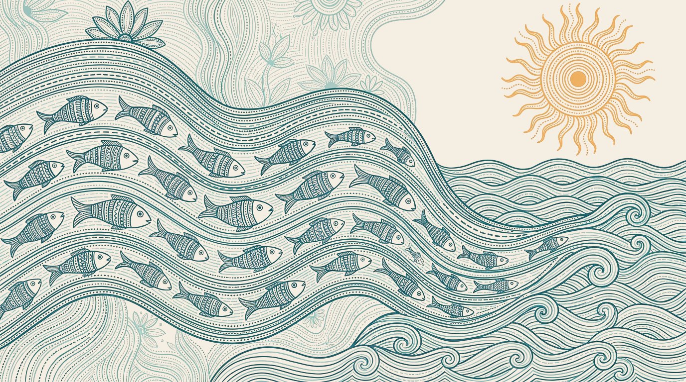 A river full of patterned fish all swimming one way, in the Gond style, with a patterned gold sun