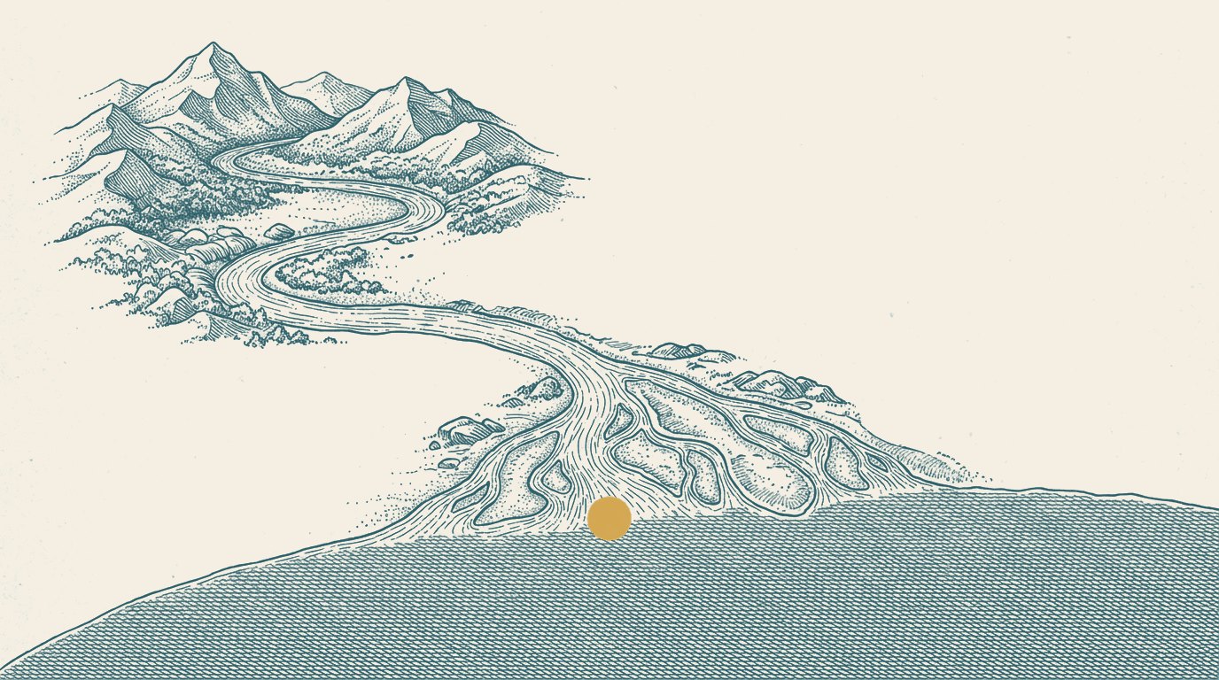 Ink drawing of a river winding from the mountains through a delta into the sea