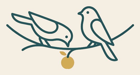 Two birds on one branch in a single teal line; one holds a gold fruit